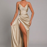Women's Satin Maxi Dress Ruched Sweetheart Split - Formal Evening - Light Gold