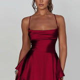 Women's Satin Square-Neck Ruffle Mini Dress - Cocktail | Summer - Brick Red
