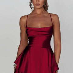 Women's Satin Square-Neck Ruffle Mini Dress - Cocktail | Summer - Brick Red