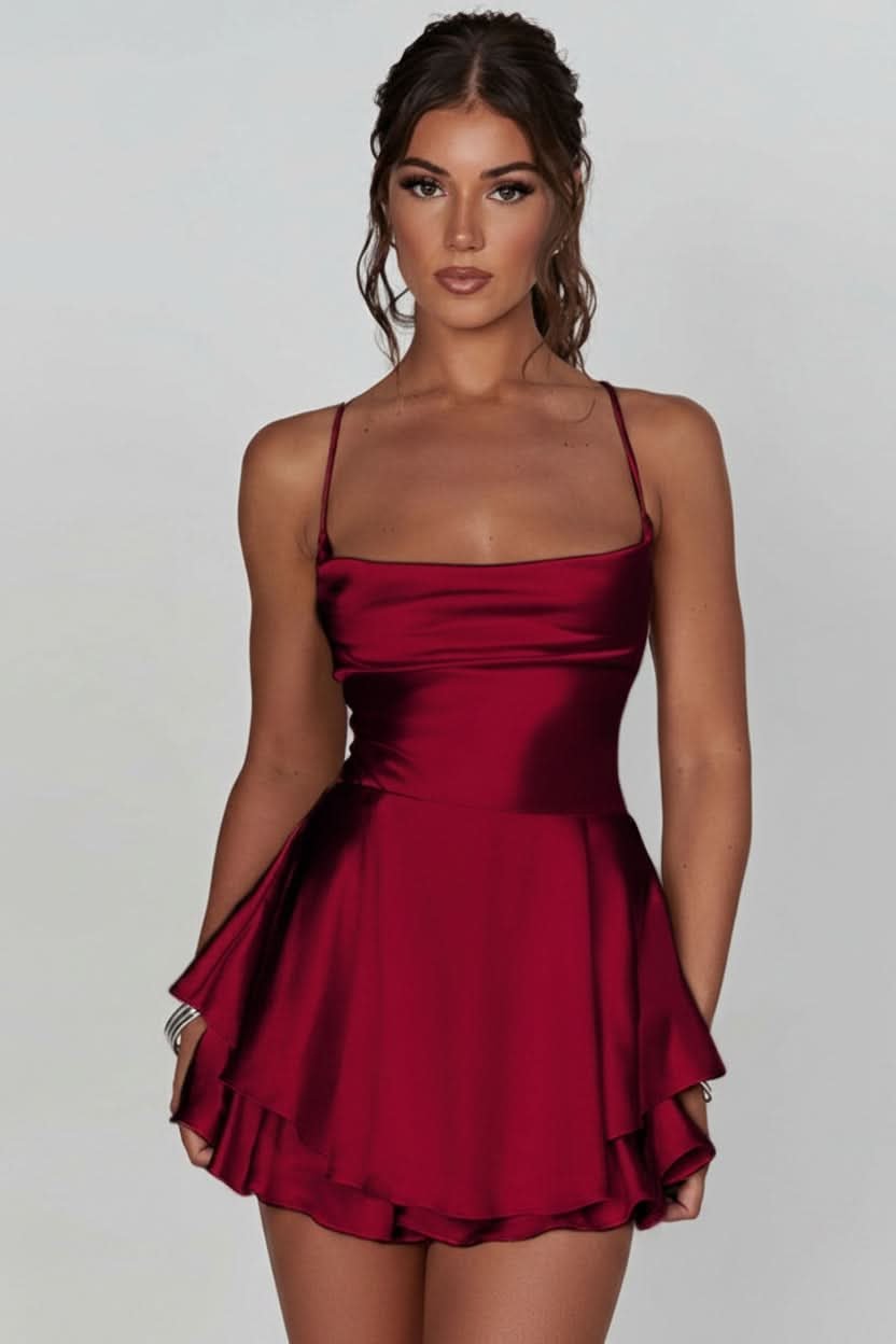Women's Satin Square-Neck Ruffle Mini Dress - Cocktail | Summer - Brick Red