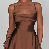 Women's Satin Square-Neck Ruffle Mini Dress - Cocktail | Summer - Coffee