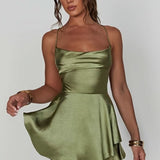 Women's Satin Square-Neck Ruffle Mini Dress - Cocktail | Summer - Matcha