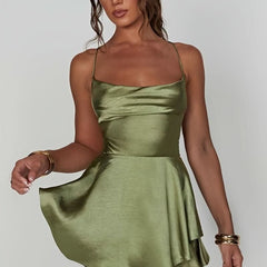Women's Satin Square-Neck Ruffle Mini Dress - Cocktail | Summer - Matcha