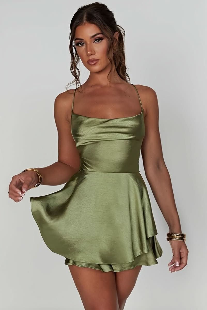 Women's Satin Square-Neck Ruffle Mini Dress - Cocktail | Summer - Matcha