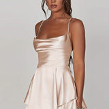 Women's Satin Square-Neck Ruffle Mini Dress - Cocktail | Summer - Milky