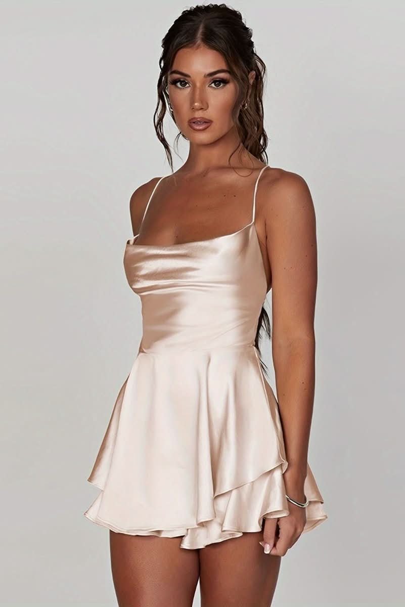 Women's Satin Square-Neck Ruffle Mini Dress - Cocktail | Summer - Milky