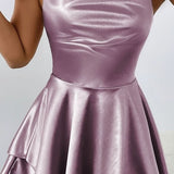 Women's Satin Square-Neck Ruffle Mini Dress - Cocktail | Summer - Pale Pinkish Gray