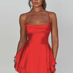 Women's Satin Square-Neck Ruffle Mini Dress - Cocktail | Summer - Red