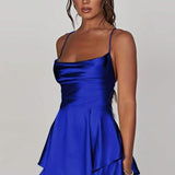 Women's Satin Square-Neck Ruffle Mini Dress - Cocktail | Summer - Royal Blue