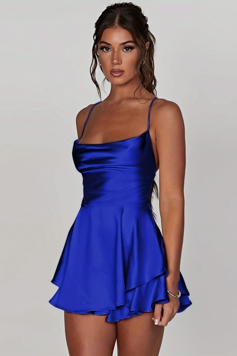 Women's Satin Square-Neck Ruffle Mini Dress - Cocktail | Summer - Royal Blue