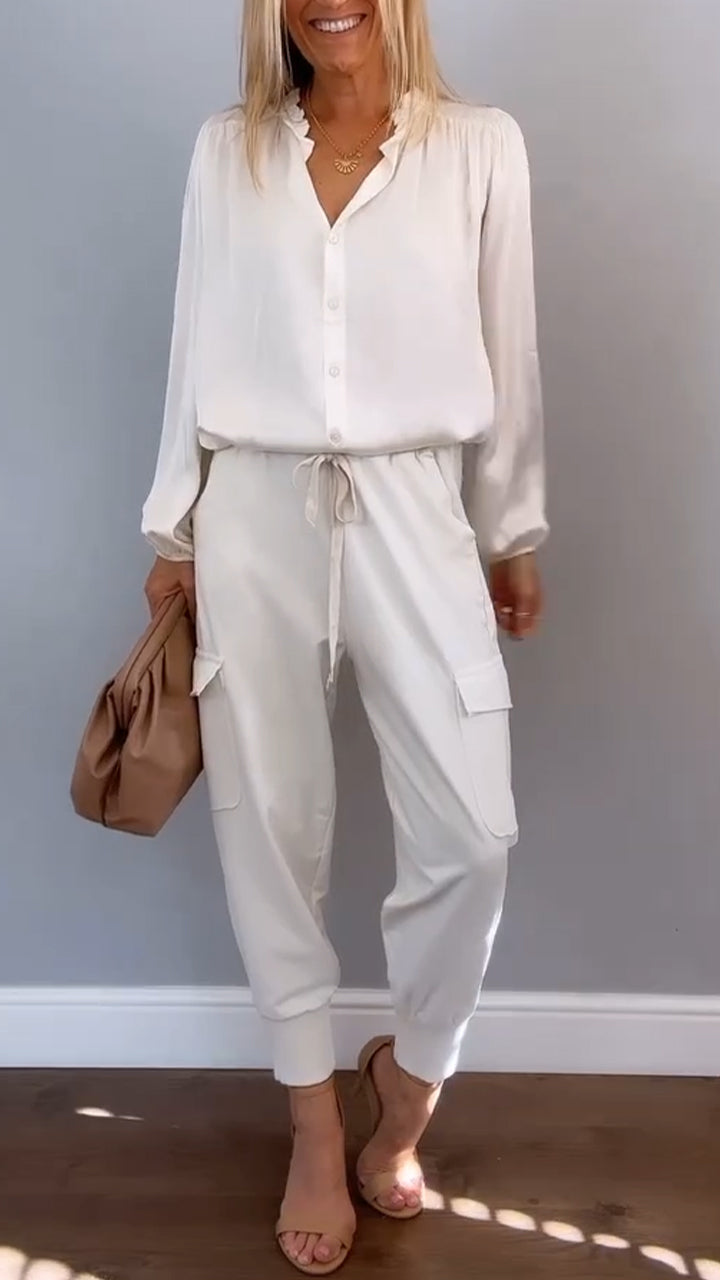 Women's Satin Two Piece Set - Elegant Blouse & Pants | Spring - White