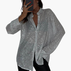 Women's Sequin Blouse | Collar Button Front | Evening | Winter - White