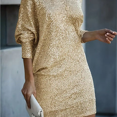 Women's Sequin Contrast Dress - Spring Party - Gold