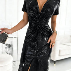 Women's Sequin Deep V-Neck Twist-Front Midi Dress - Cocktail Party - Black