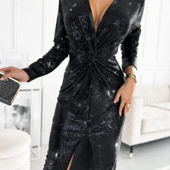 Women's Sequin Deep V-Neck Twist-Front Midi Dress - Cocktail Party - Black