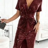 Women's Sequin Deep V-Neck Twist-Front Midi Dress - Cocktail Party - Bordeaux
