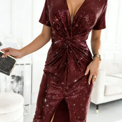 Women's Sequin Deep V-Neck Twist-Front Midi Dress - Cocktail Party - Bordeaux