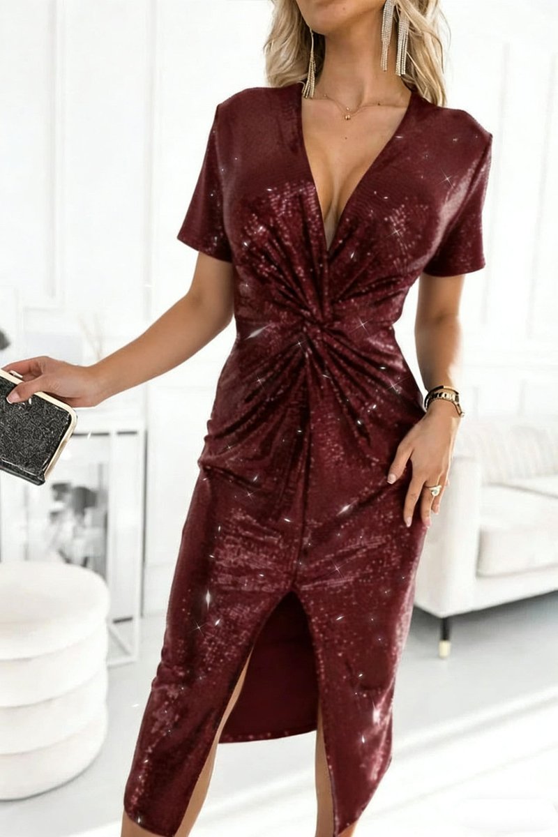 Women's Sequin Deep V-Neck Twist-Front Midi Dress - Cocktail Party - Bordeaux