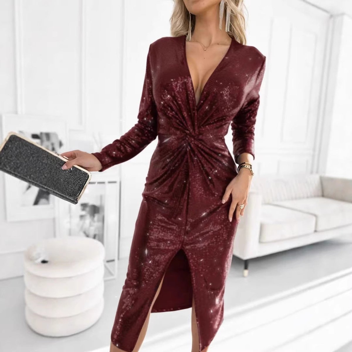Women's Sequin Deep V-Neck Twist-Front Midi Dress - Cocktail Party