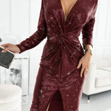 Women's Sequin Deep V-Neck Twist-Front Midi Dress - Cocktail Party - Red