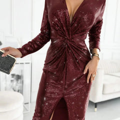 Women's Sequin Deep V-Neck Twist-Front Midi Dress - Cocktail Party - Red