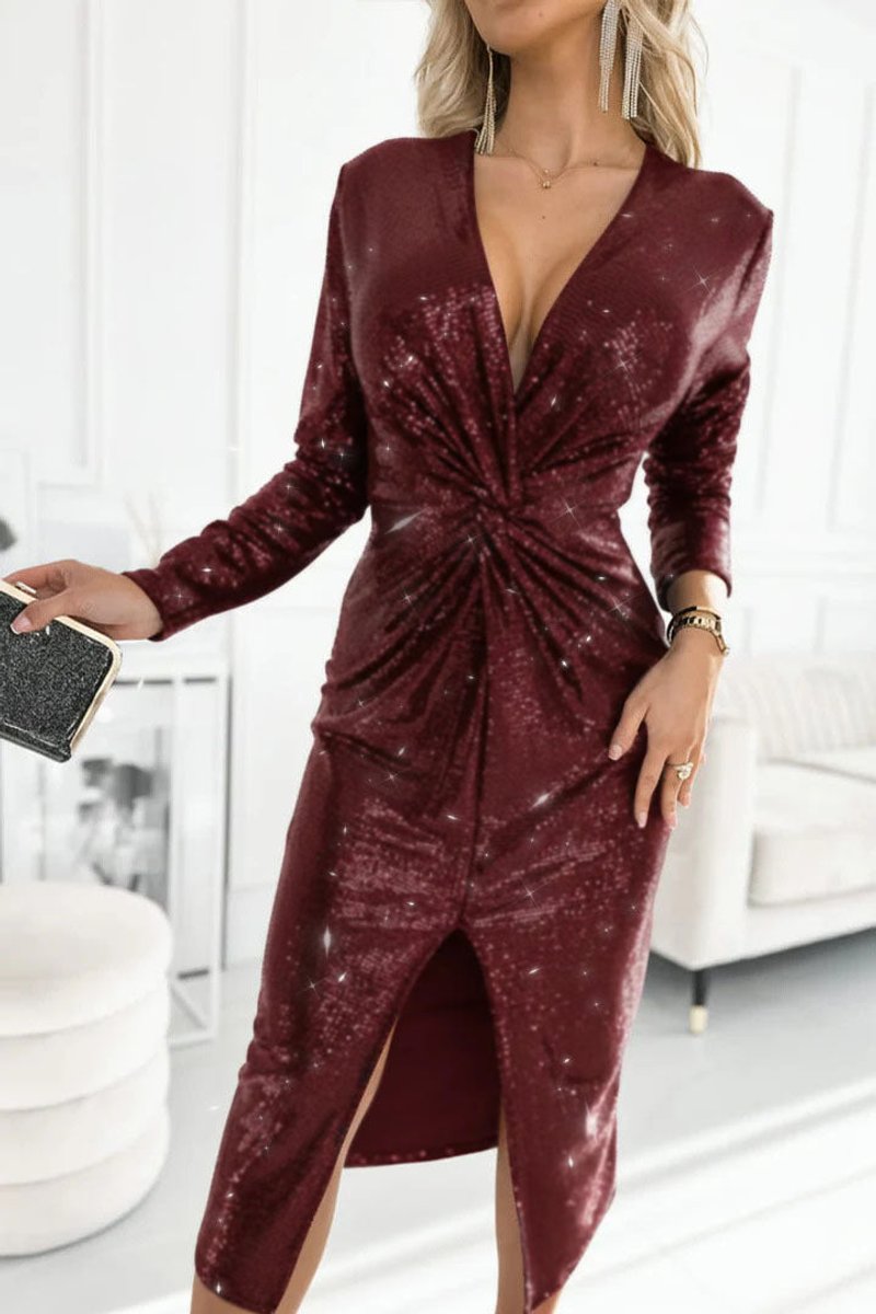 Women's Sequin Deep V-Neck Twist-Front Midi Dress - Cocktail Party - Red