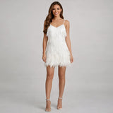 Women's Sequin Feather-Trim V-Neck Cocktail Dress - Shimmer | Summer - White