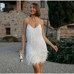 Women's Sequin Fringe Feather Mini Cocktail Dress - V-Neck Party