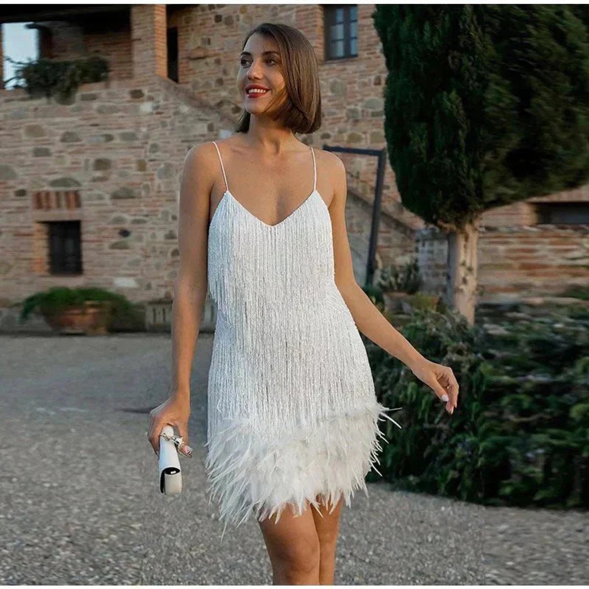 Women's Sequin Fringe Feather Mini Cocktail Dress - V-Neck Party
