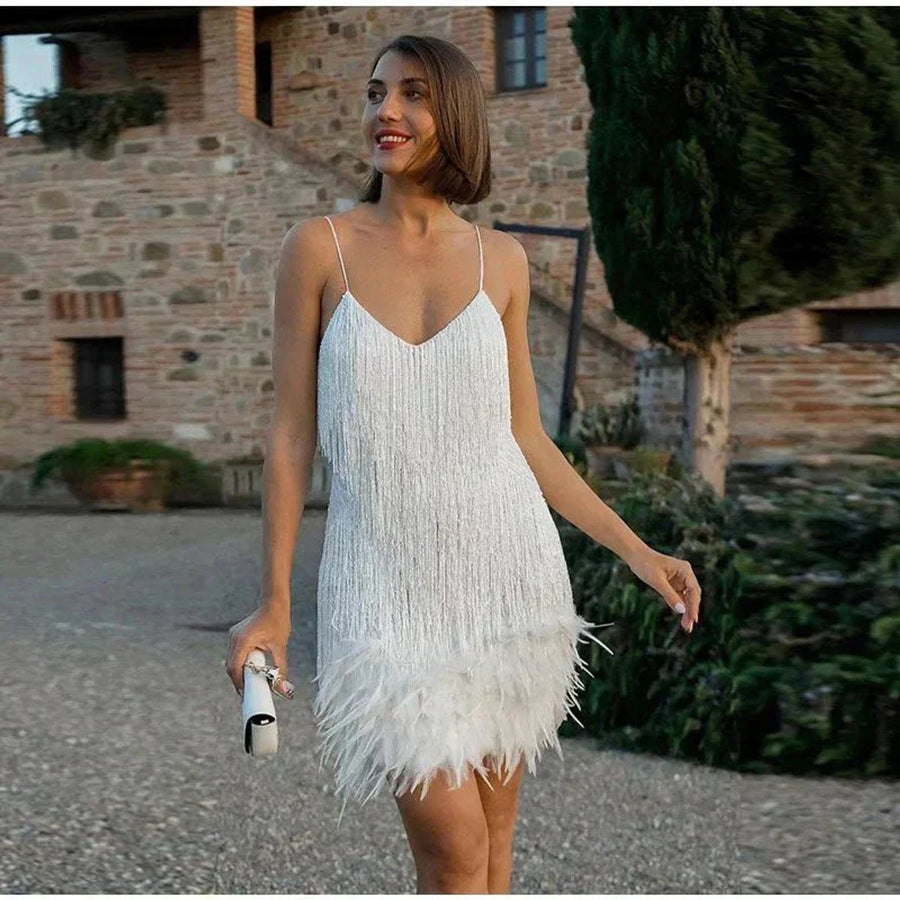 Women's Sequin Fringe Feather Mini Cocktail Dress - V-Neck Party