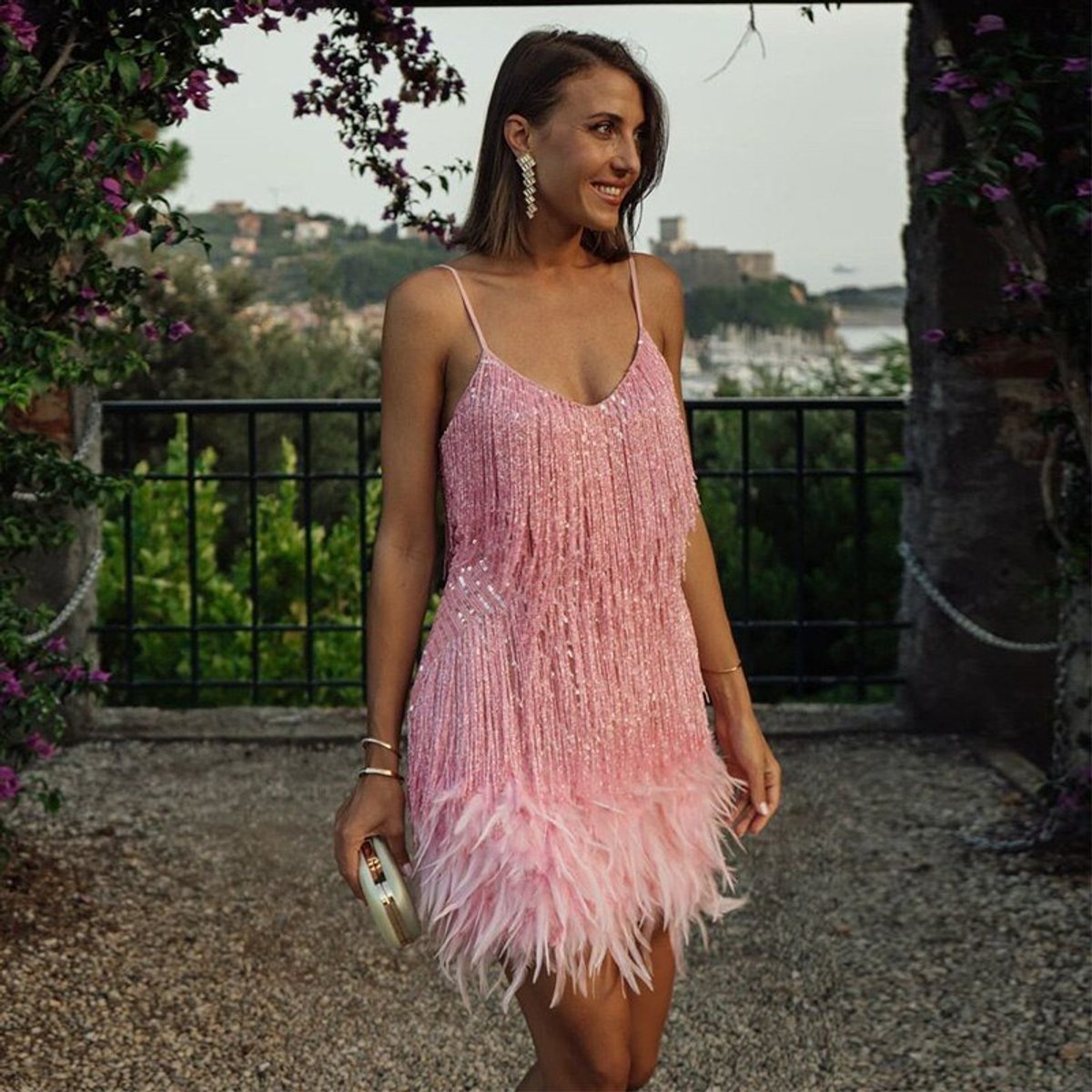 Women's Sequin Fringe Feather Mini Cocktail Dress - V-Neck Party