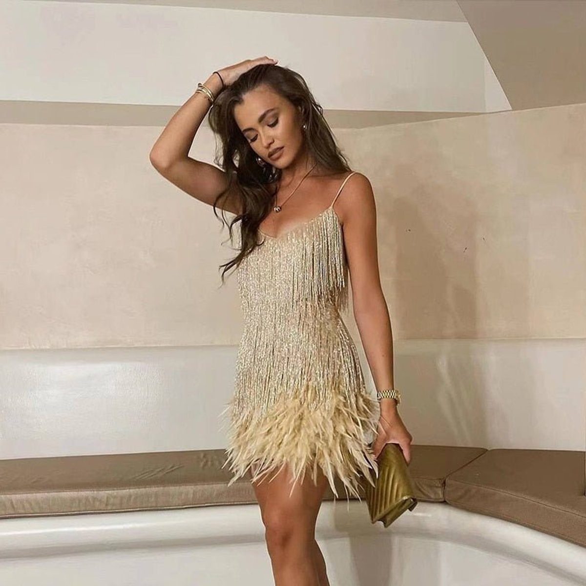 Women's Sequin Fringe Feather Mini Cocktail Dress - V-Neck Party - Gold