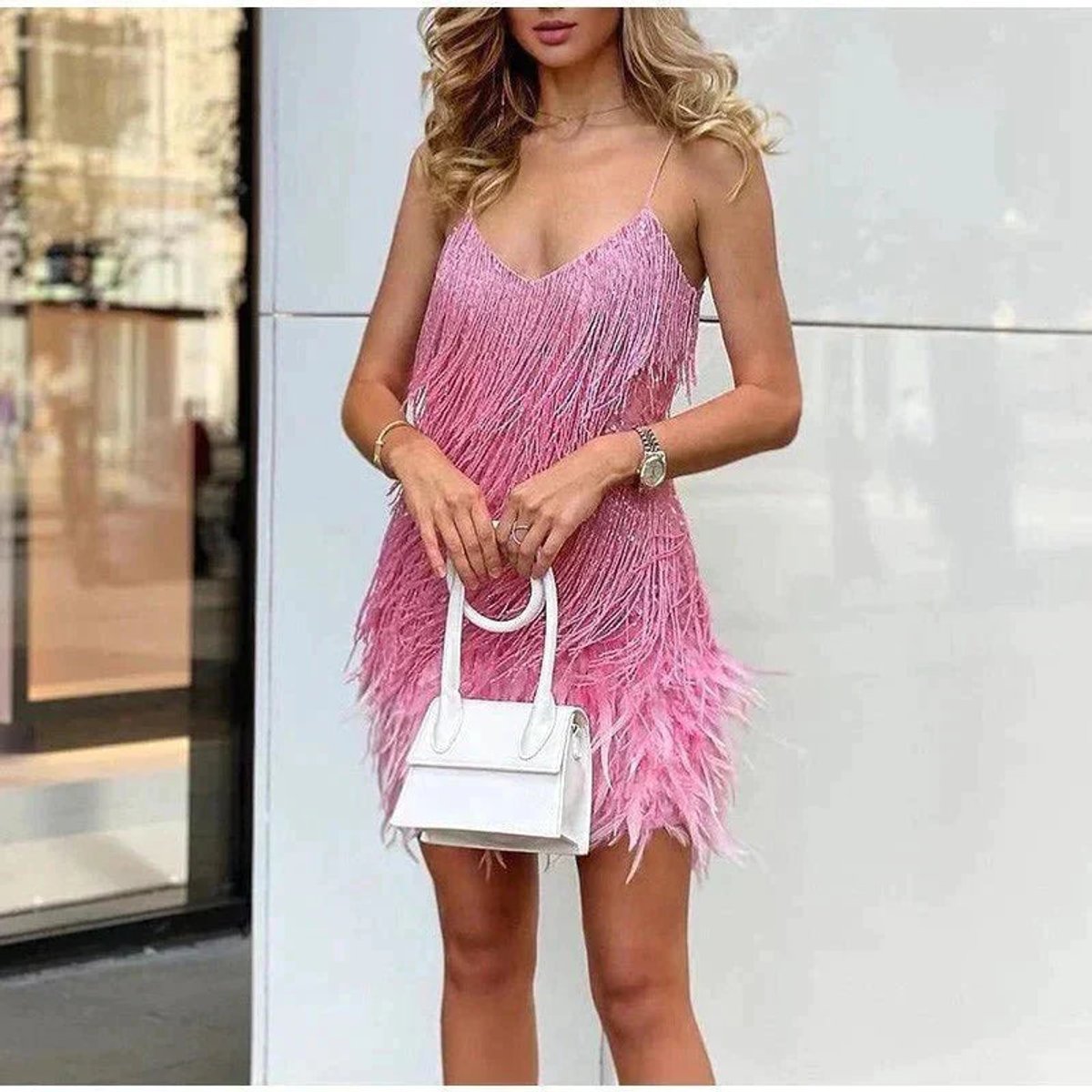 Women's Sequin Fringe Feather Mini Cocktail Dress - V-Neck Party - Pink