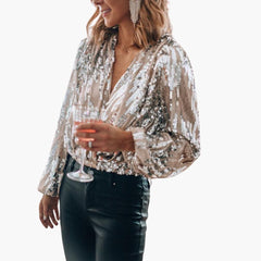 Women's Sequin Wrap Blouse | V-Neck | Elegant | Autumn