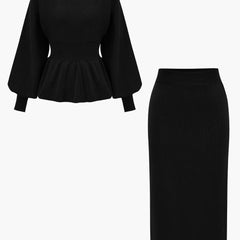 Women's Set | Knit | Peplum Top & Pencil Skirt | Elegant | Autumn - Black