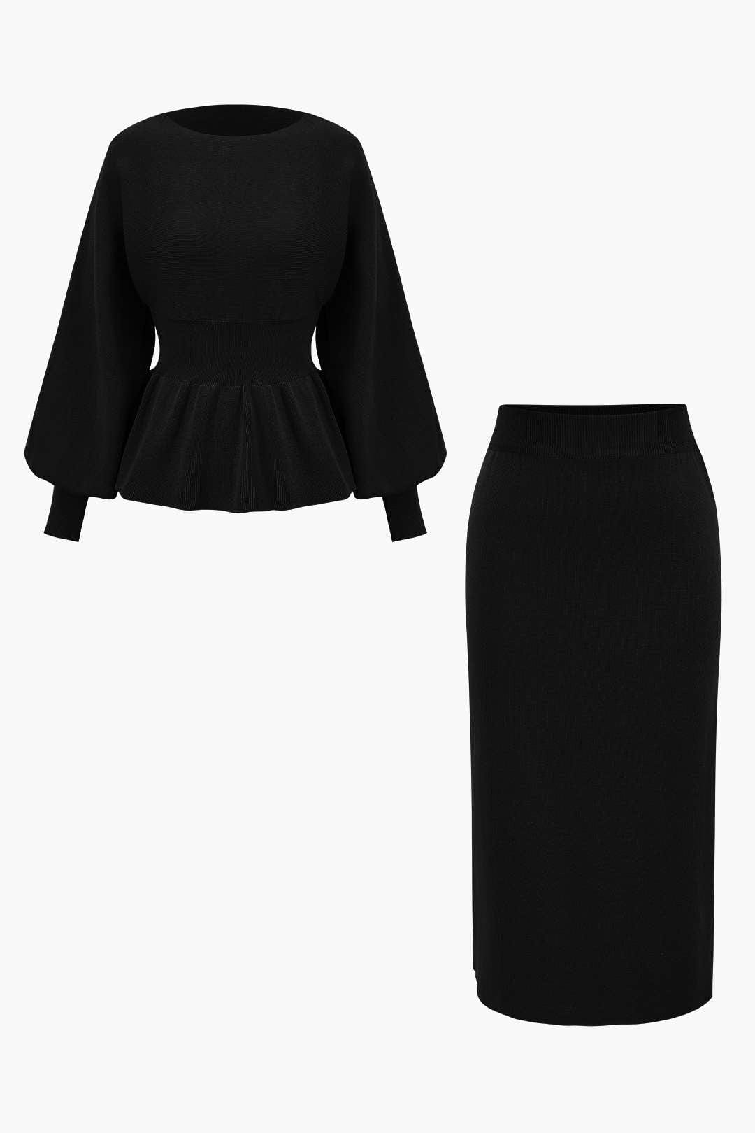 Women's Set | Knit | Peplum Top & Pencil Skirt | Elegant | Autumn - Black