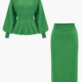 Women's Set | Knit | Peplum Top & Pencil Skirt | Elegant | Autumn - Forest Green
