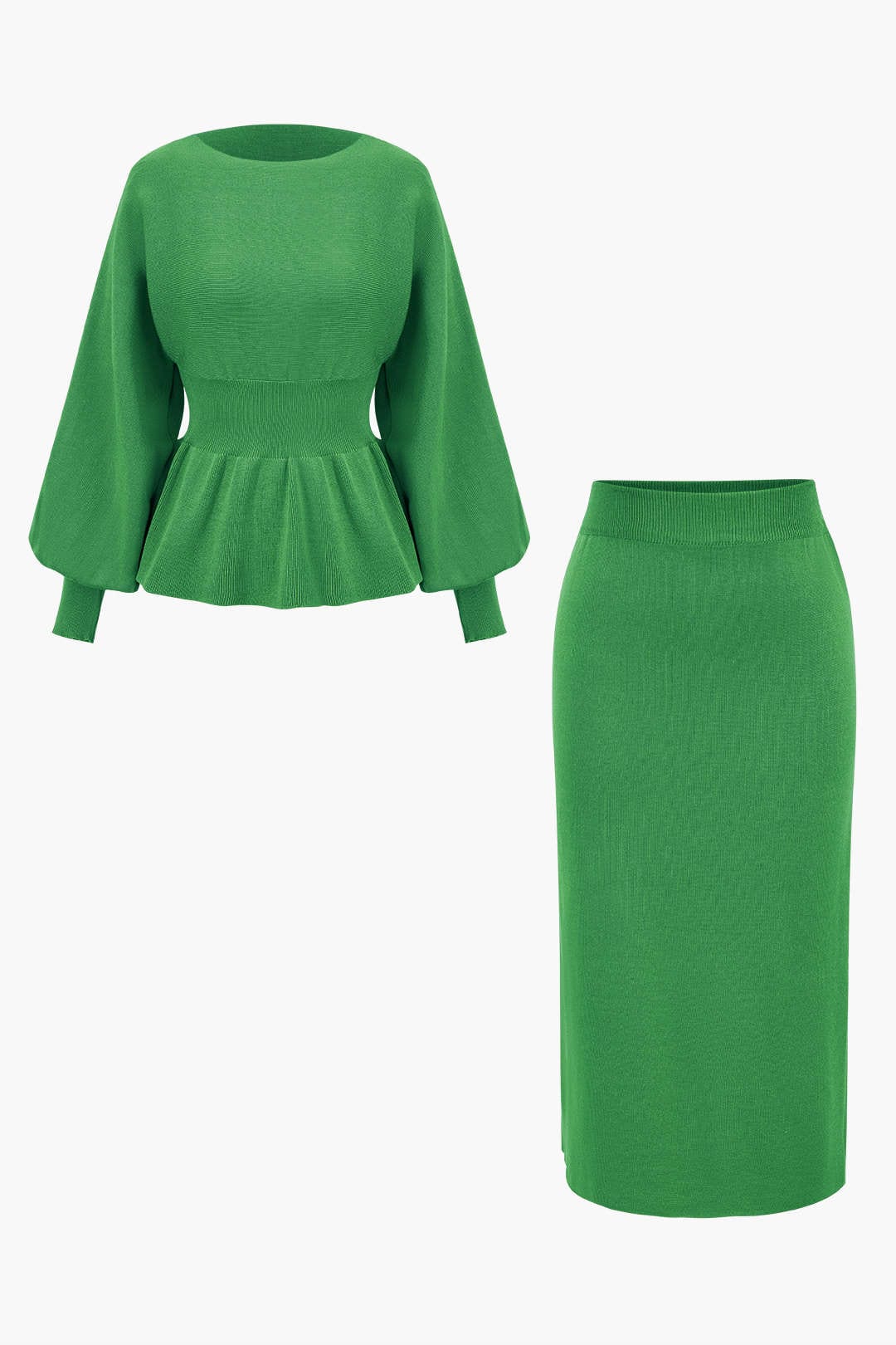 Women's Set | Knit | Peplum Top & Pencil Skirt | Elegant | Autumn - Forest Green
