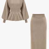 Women's Set | Knit | Peplum Top & Pencil Skirt | Elegant | Autumn - Khaki