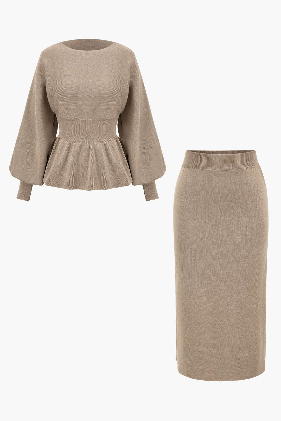 Women's Set | Knit | Peplum Top & Pencil Skirt | Elegant | Autumn - Khaki