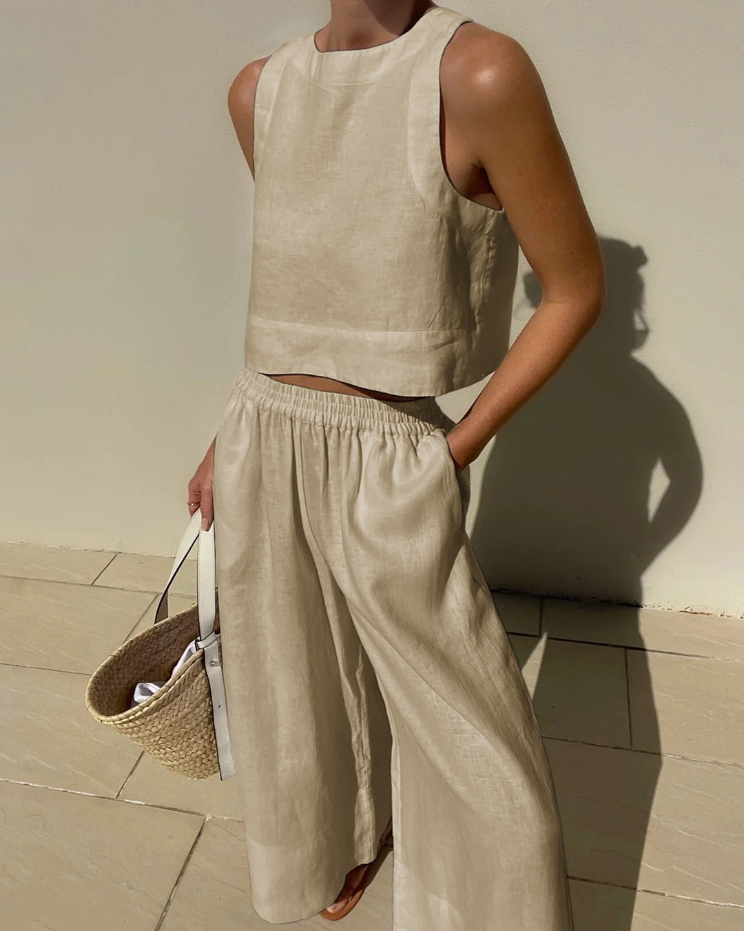 Women's Set | Sleeveless Top | Wide Leg Pants | Summer - Khaki