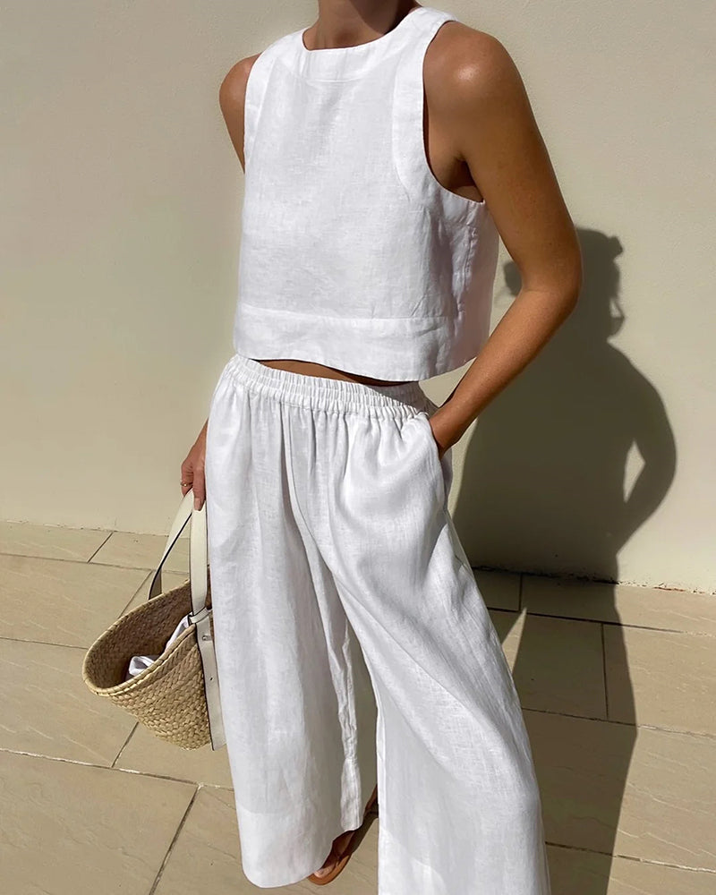 Women's Set | Sleeveless Top | Wide Leg Pants | Summer - White