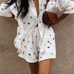 Women's Set | Two-Piece | Heart Print | Shorts | Summer