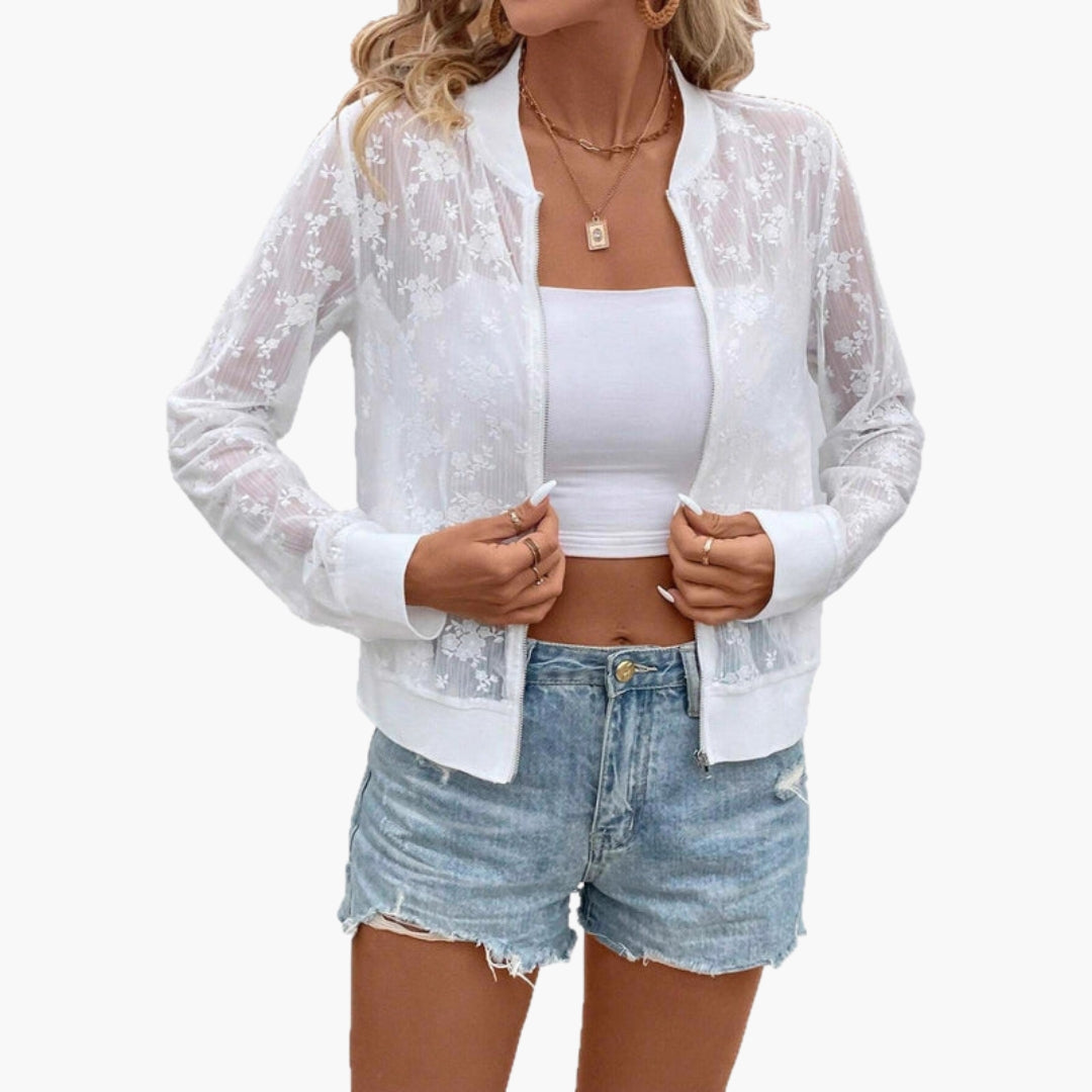 Women's Sheer Bomber | Floral Embroidery | Zip Closure | Spring - White