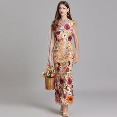 Women's Sheer Maxi Dress with Floral Embroidery - Romantic Summer Styl - Beige