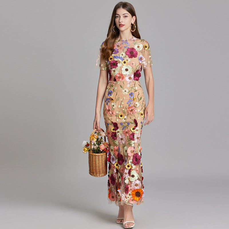 Women's Sheer Maxi Dress with Floral Embroidery - Romantic Summer Styl - Beige