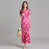 Women's Sheer Maxi Dress with Floral Embroidery - Romantic Summer Styl - Dark Rose