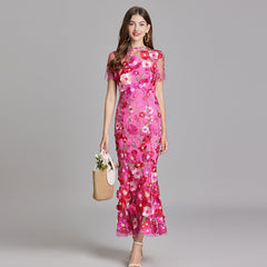 Women's Sheer Maxi Dress with Floral Embroidery - Romantic Summer Styl - Dark Rose
