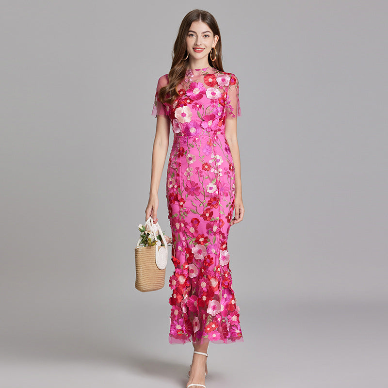 Women's Sheer Maxi Dress with Floral Embroidery - Romantic Summer Styl - Dark Rose