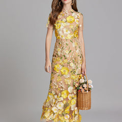 Women's Sheer Maxi Dress with Floral Embroidery - Romantic Summer Styl